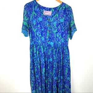 Vintage | Hawaiian Print Flowing Dress Blue Green Purple